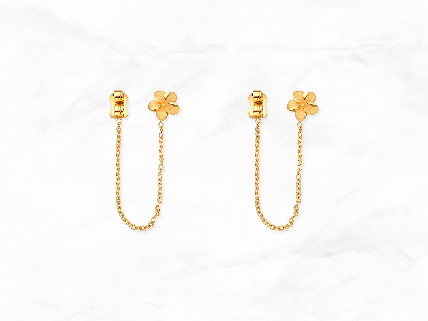 14K Gold Dainty Flower Chain Earrings