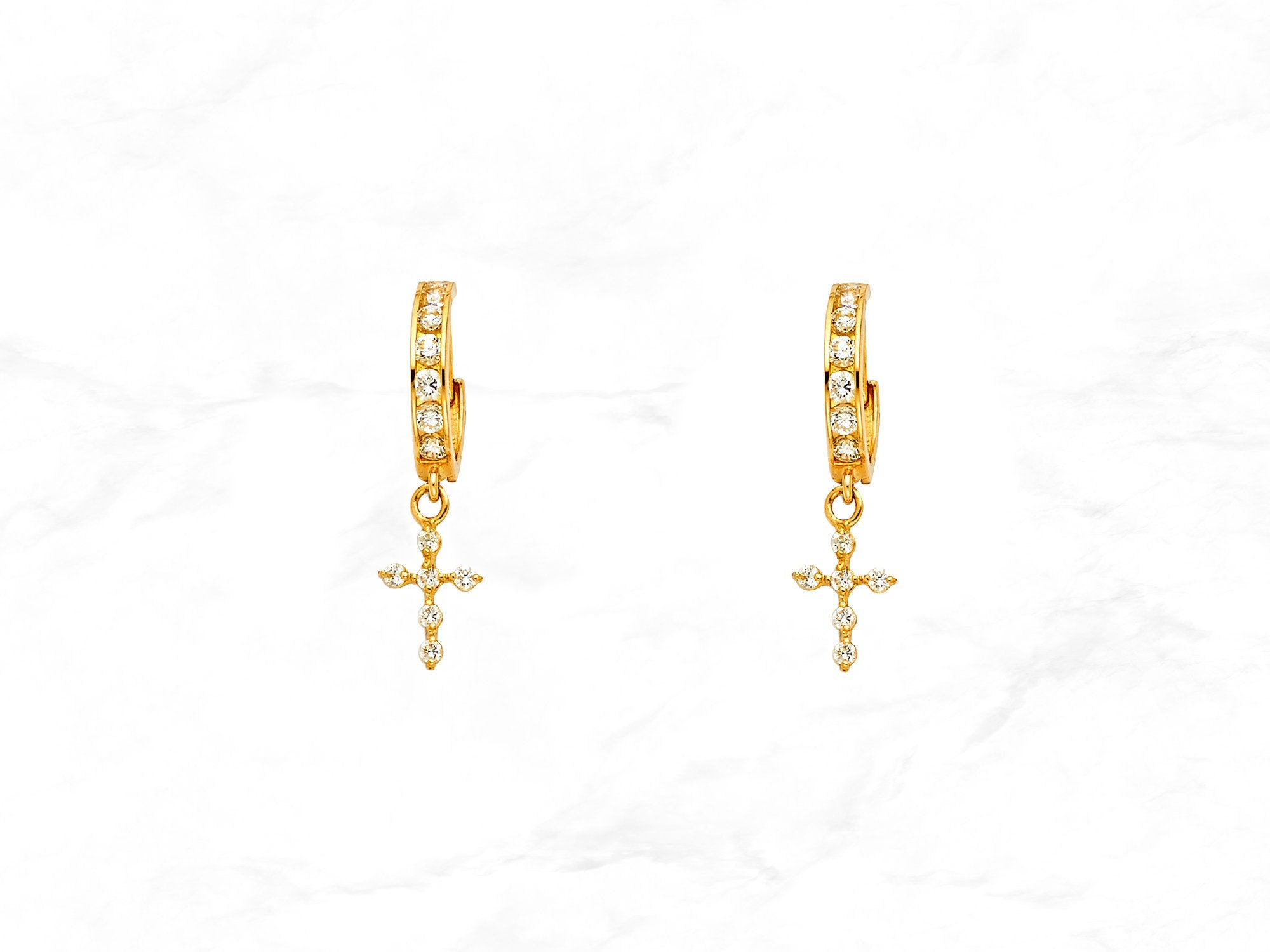 14K Gold Cross Dangle Hinged Huggie Hoops • Real Yellow Gold Huggie • Hanging Cross Drop Hoops • Religious Huggie Hoop CZ Earrings