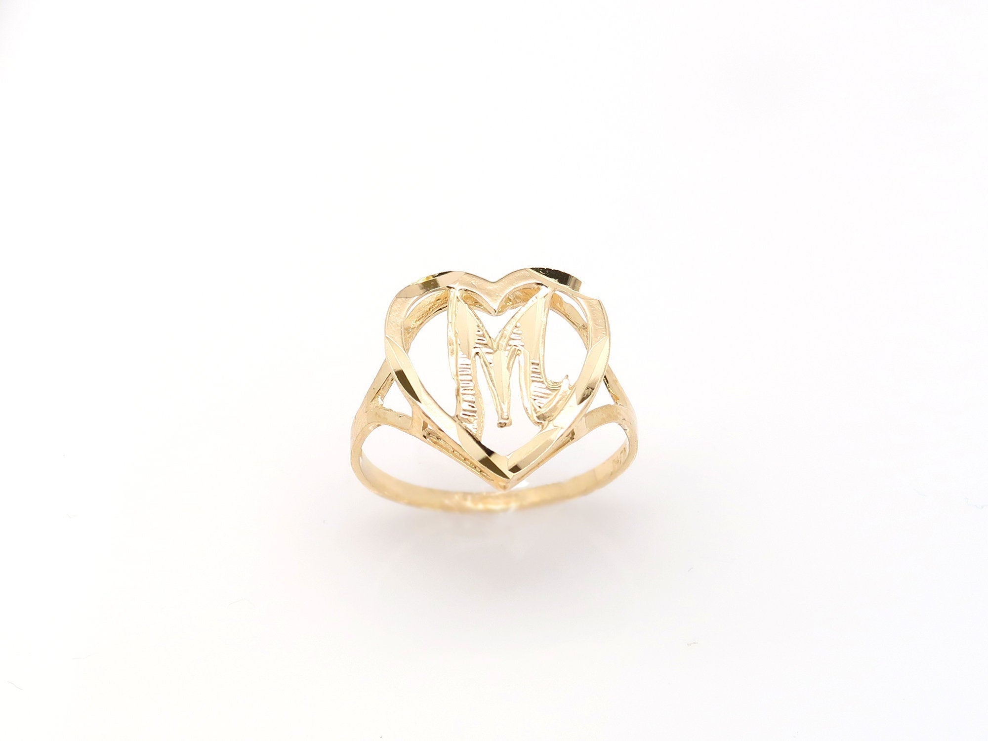 10K Gold Heart Initial Ring • A-Z • Alphabet Ring • Real Gold Letter Ring • Yellow Gold Statement Ring with Any Letter •