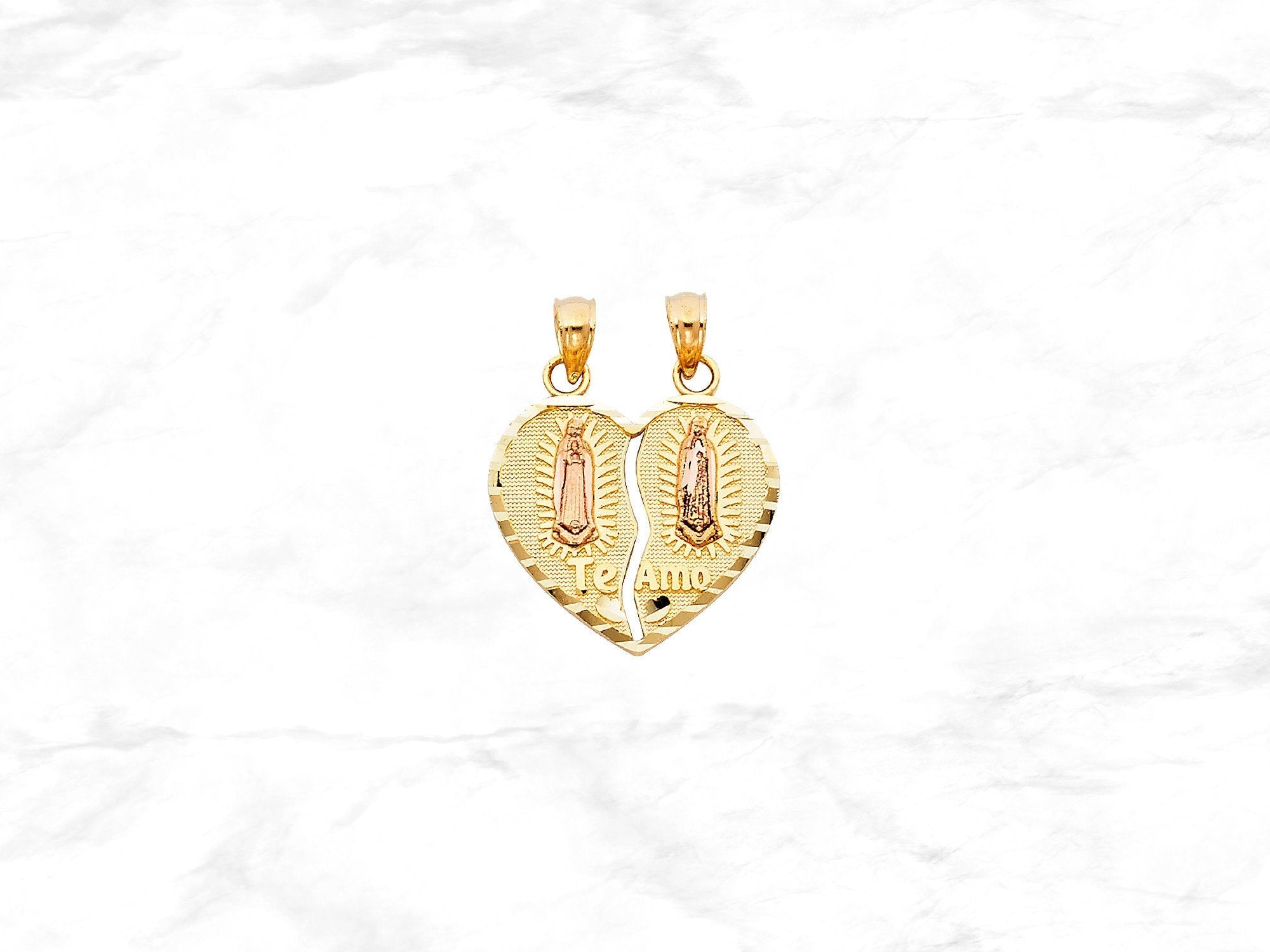 10K Guadalupe "Te Amo" Heart Pendant • Real 10K Gold Virgen de Guadalupe Heart Pendant • Two Tone Gold Broken Heart Virgin Mary Pendant