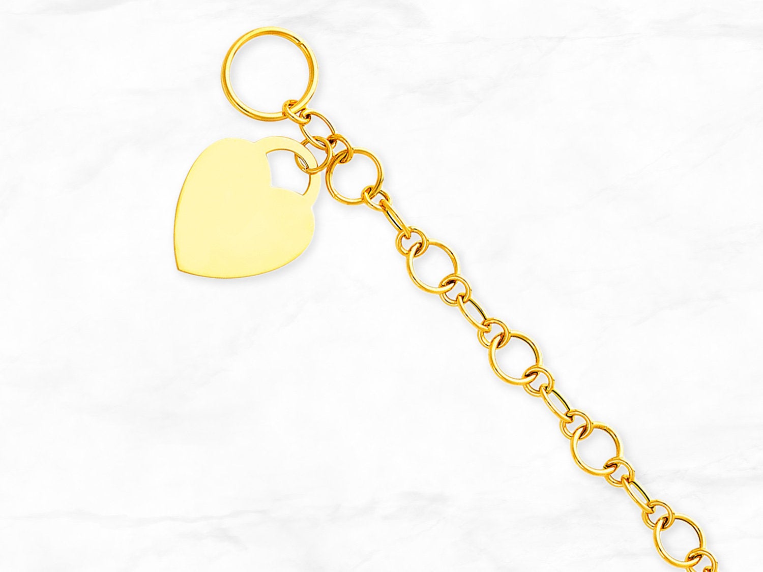 Engravable 14K Gold Heart Charm Bracelet • Personalized Heart Tag Charm Link • Real Solid Yellow Gold Bracelet • Minimal Custom Bracelet