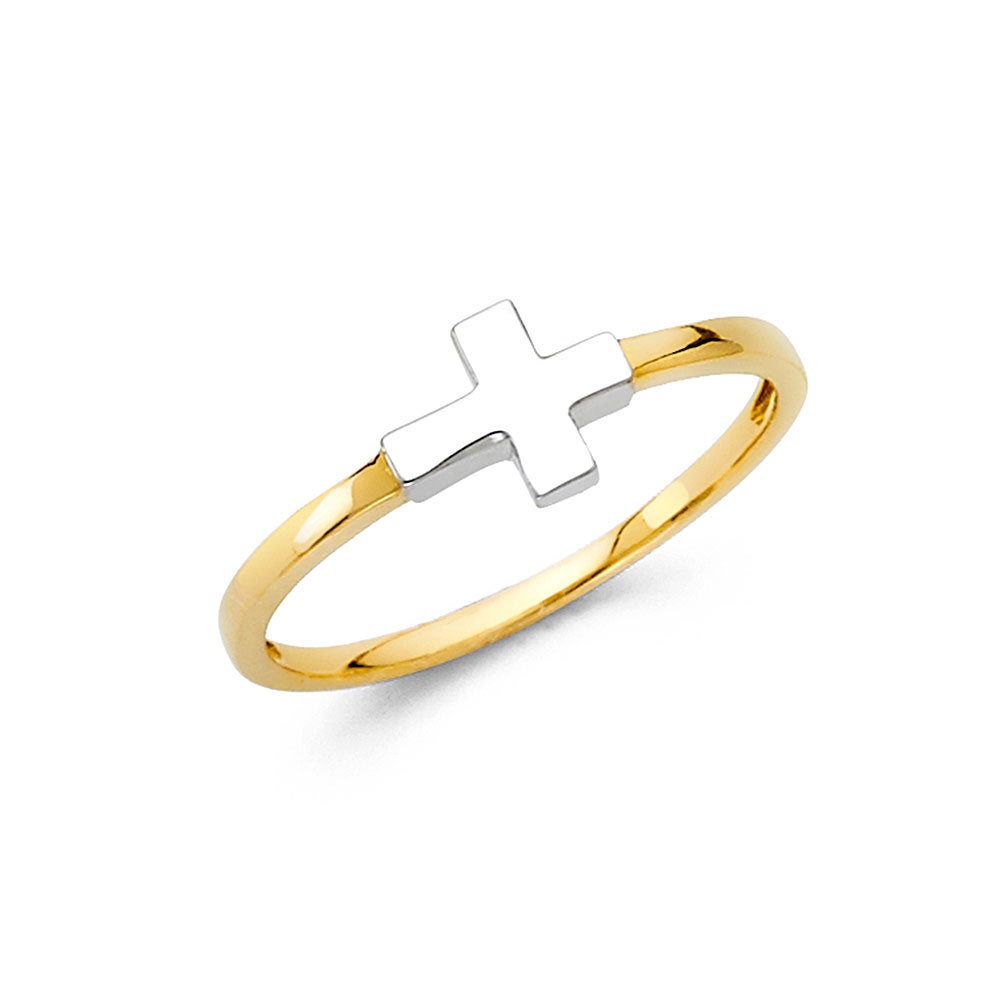 14K Gold Cross Ring • Minimal Sideways Cross Gold Ring • Real 14K Two-Tone Gold Ring • Dainty Cross Ring • Minimalist Design