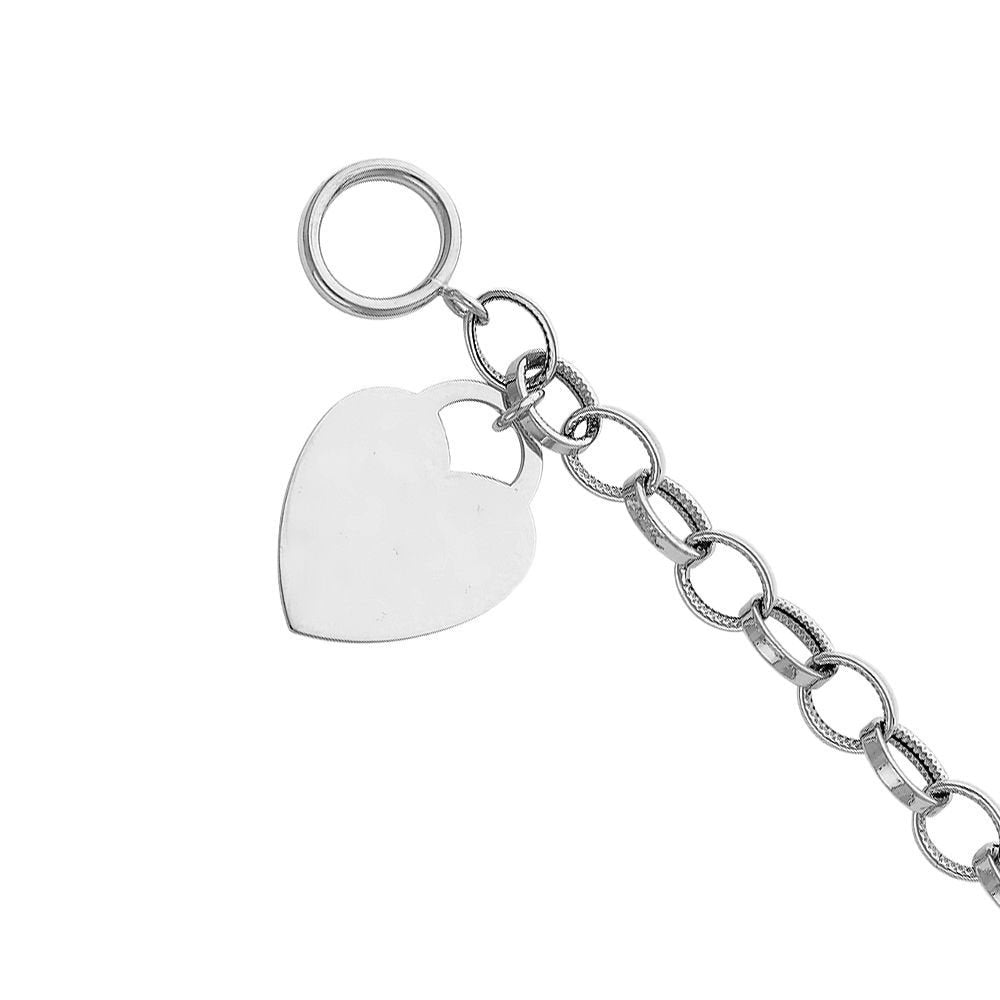Engravable 14K White Gold Heart Charm Bracelet • Real Solid Gold Bracelet • Custom Personalized White Gold Heart Tag •