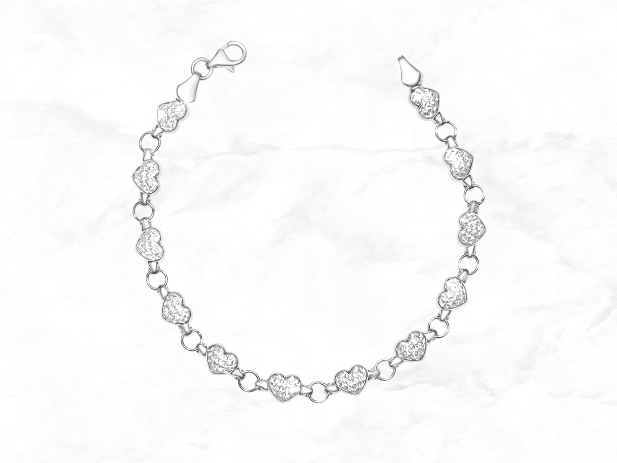 14K White Gold Diamond Cut Heart Bracelet • 7.5 Inches • Real 14K Gold Bracelet • White Gold Stampato Heart Bracelet •