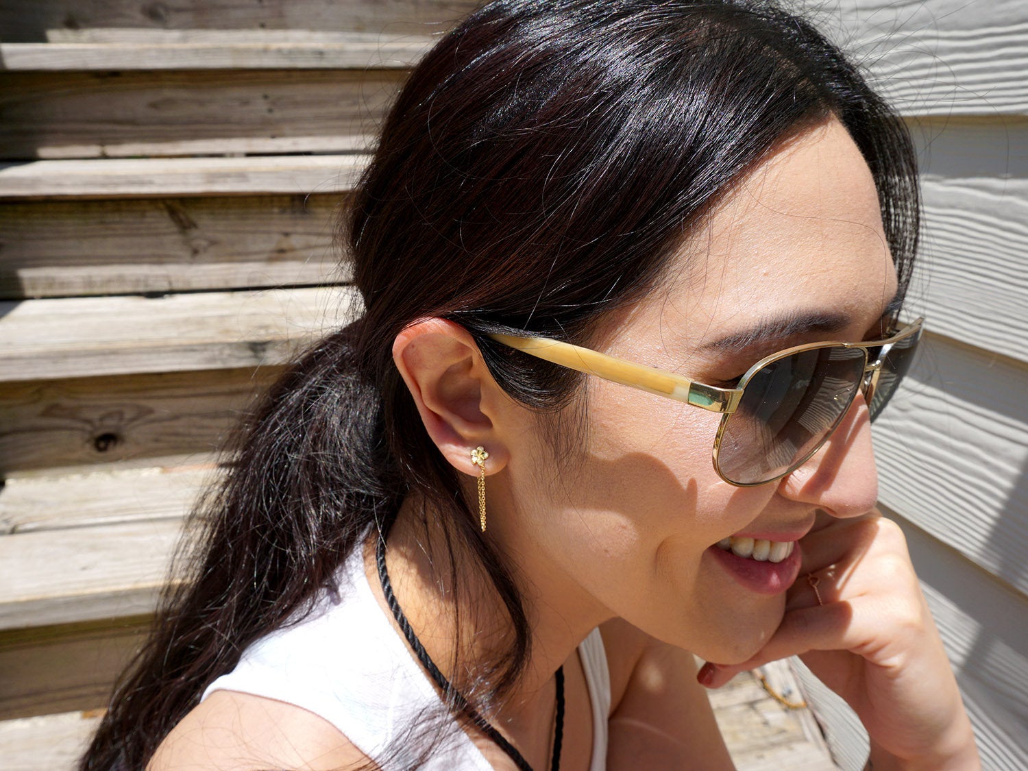 14K Gold Dainty Flower Chain Earrings