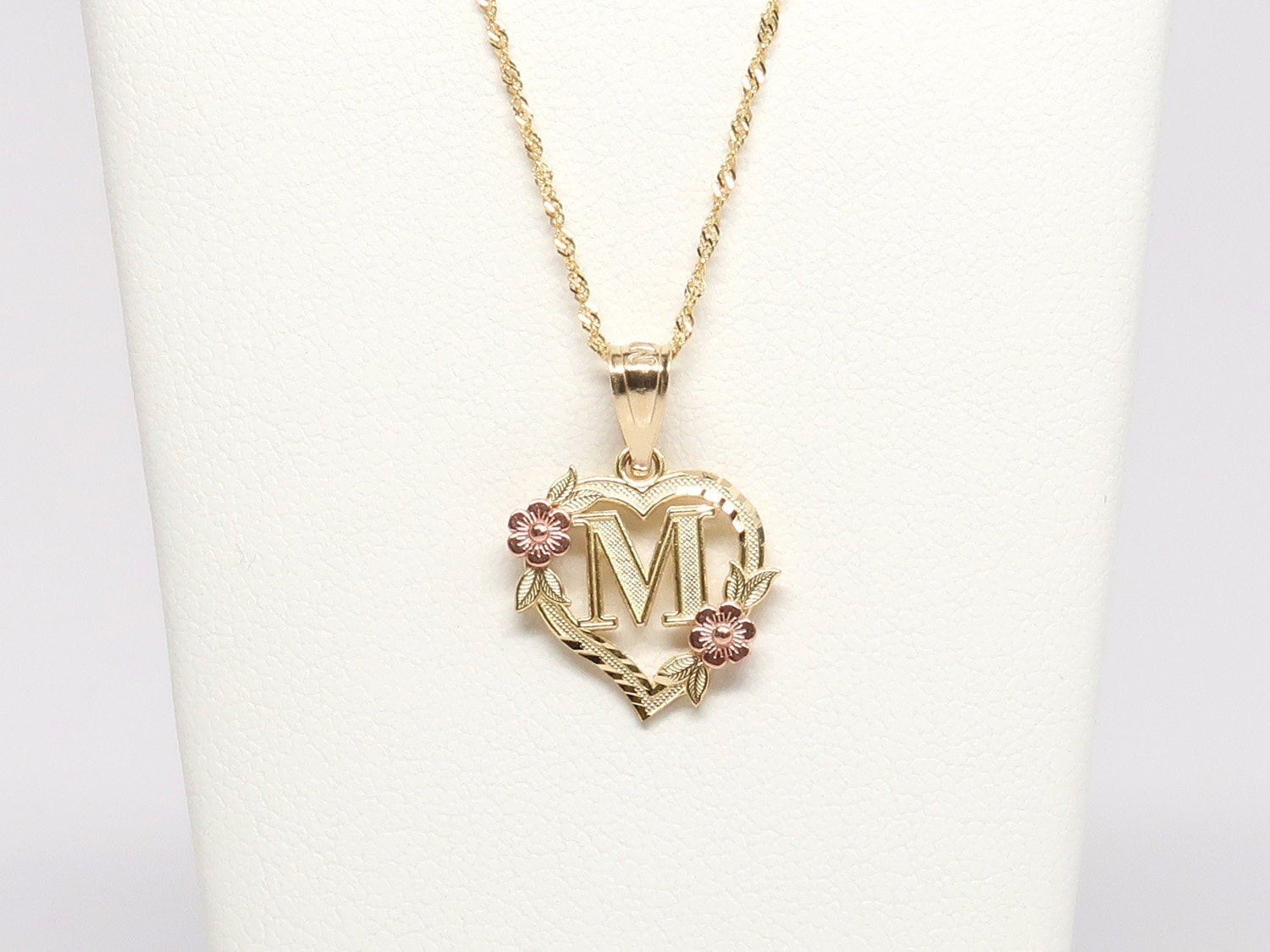 10K Gold Flower Heart Initial Necklace