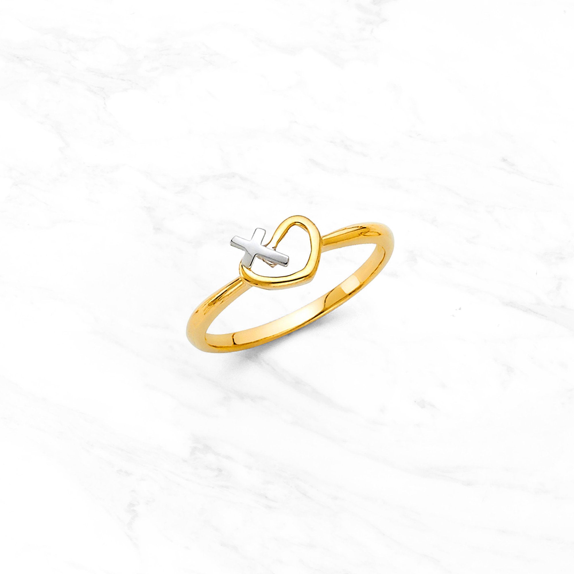 14K Gold Cross & Heart Ring • Minimal Heart and Cross Gold Ring • Real 14K Two-Tone Gold Ring • Dainty Gold Heart Ring • Minimalist Design