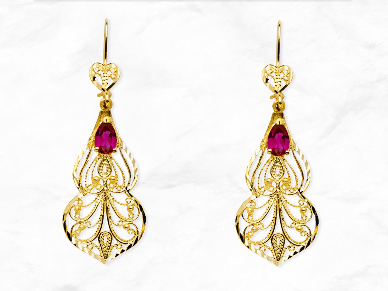 Chandelier Earrings with Red Gem in 14K Gold