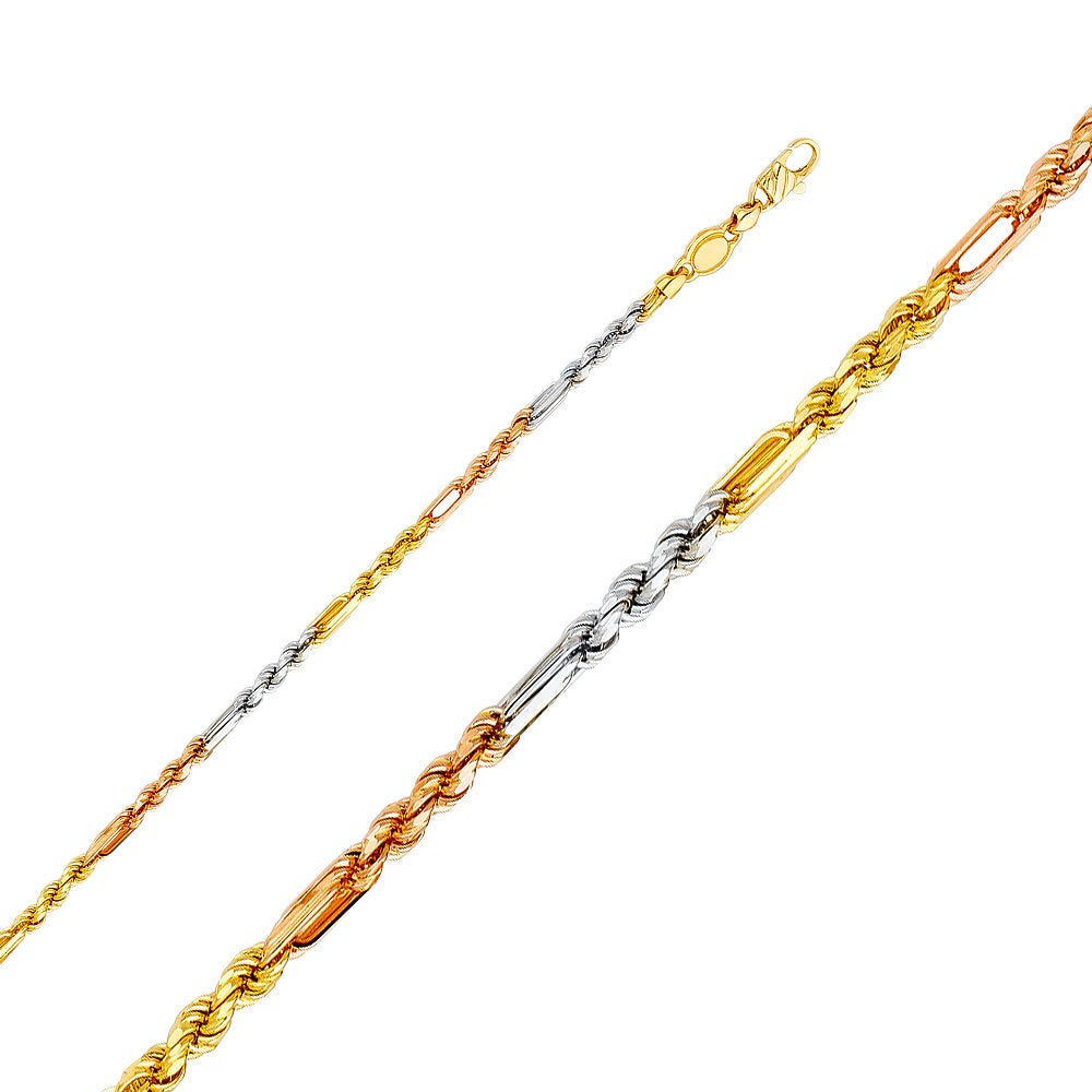 Solid 14K Gold Figarope Bracelet • 3 mm width • Unique Sturdy Durable Tri Color 8" Chain • Real Gold Figaro Rope Bracelet • Gift for Mom