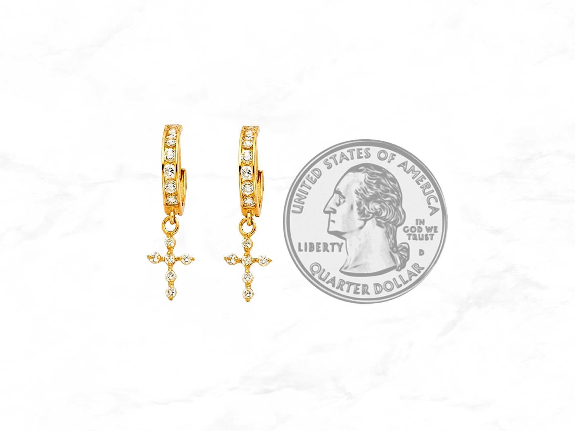 14K Gold Cross Dangle Hinged Huggie Hoops • Real Yellow Gold Huggie • Hanging Cross Drop Hoops • Religious Huggie Hoop CZ Earrings