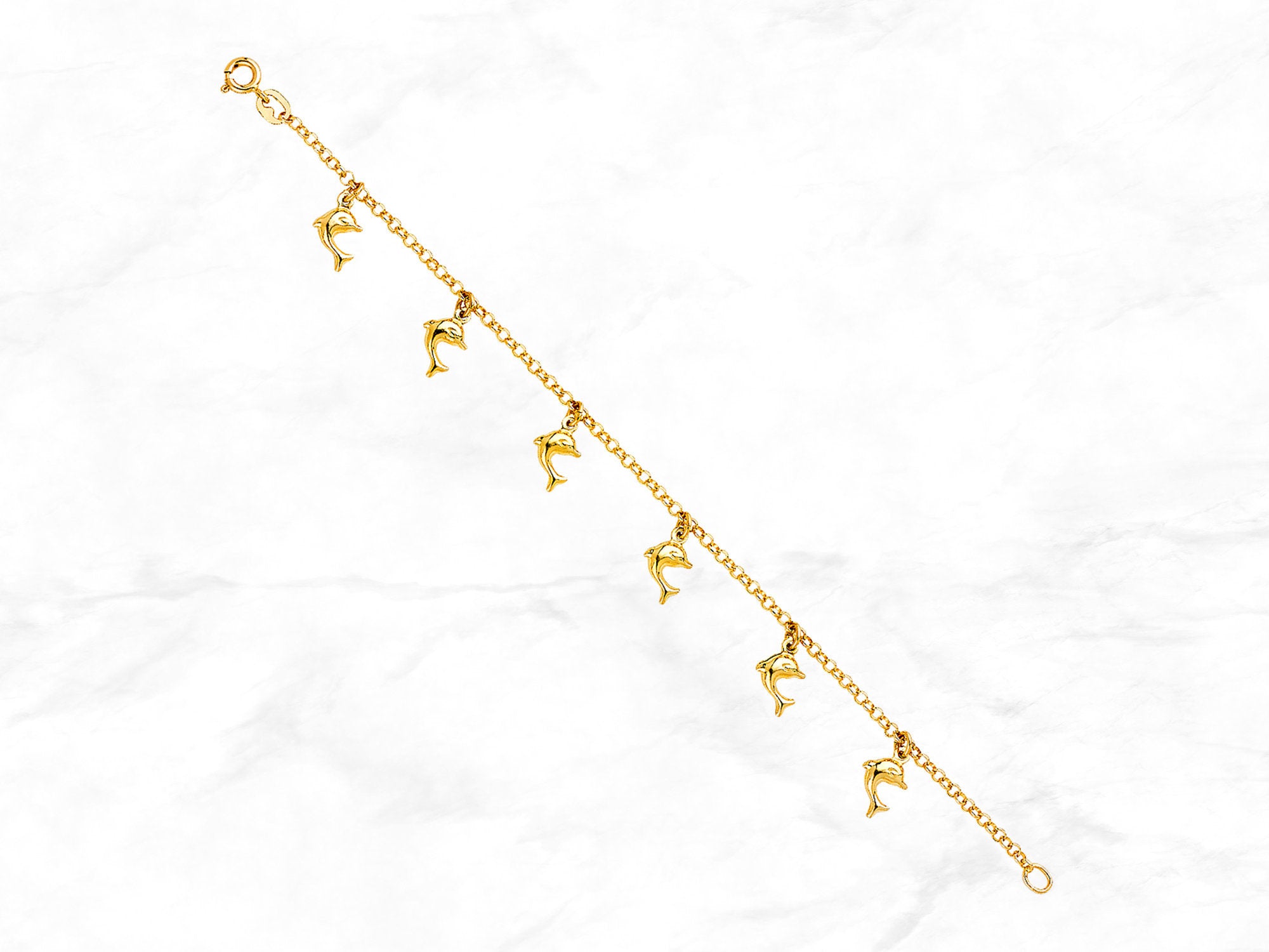 14K Gold Dolphin Charm Bracelet • Real Yellow Gold Charm Link Bracelet • Minimal Gold Dolphin Chain Bracelet