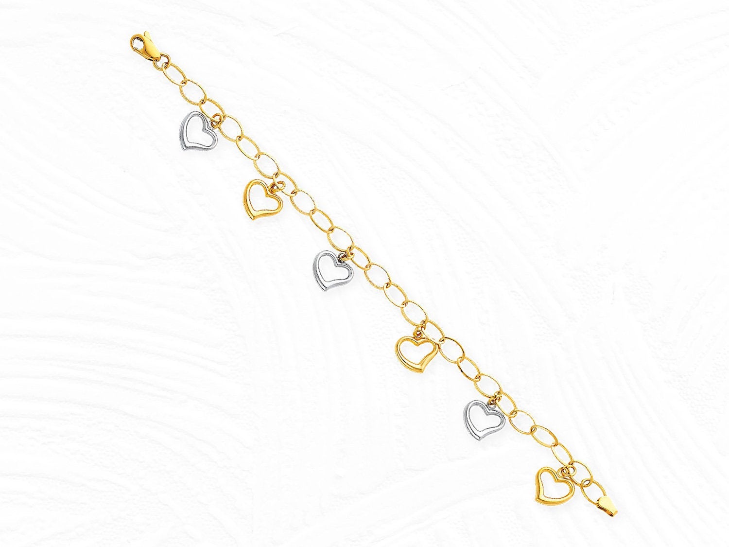 14K Gold Heart Charm Bracelet • Real Two Tone Gold Charm Link Bracelet • Minimal Two Color Gold Heart Chain Bracelet •