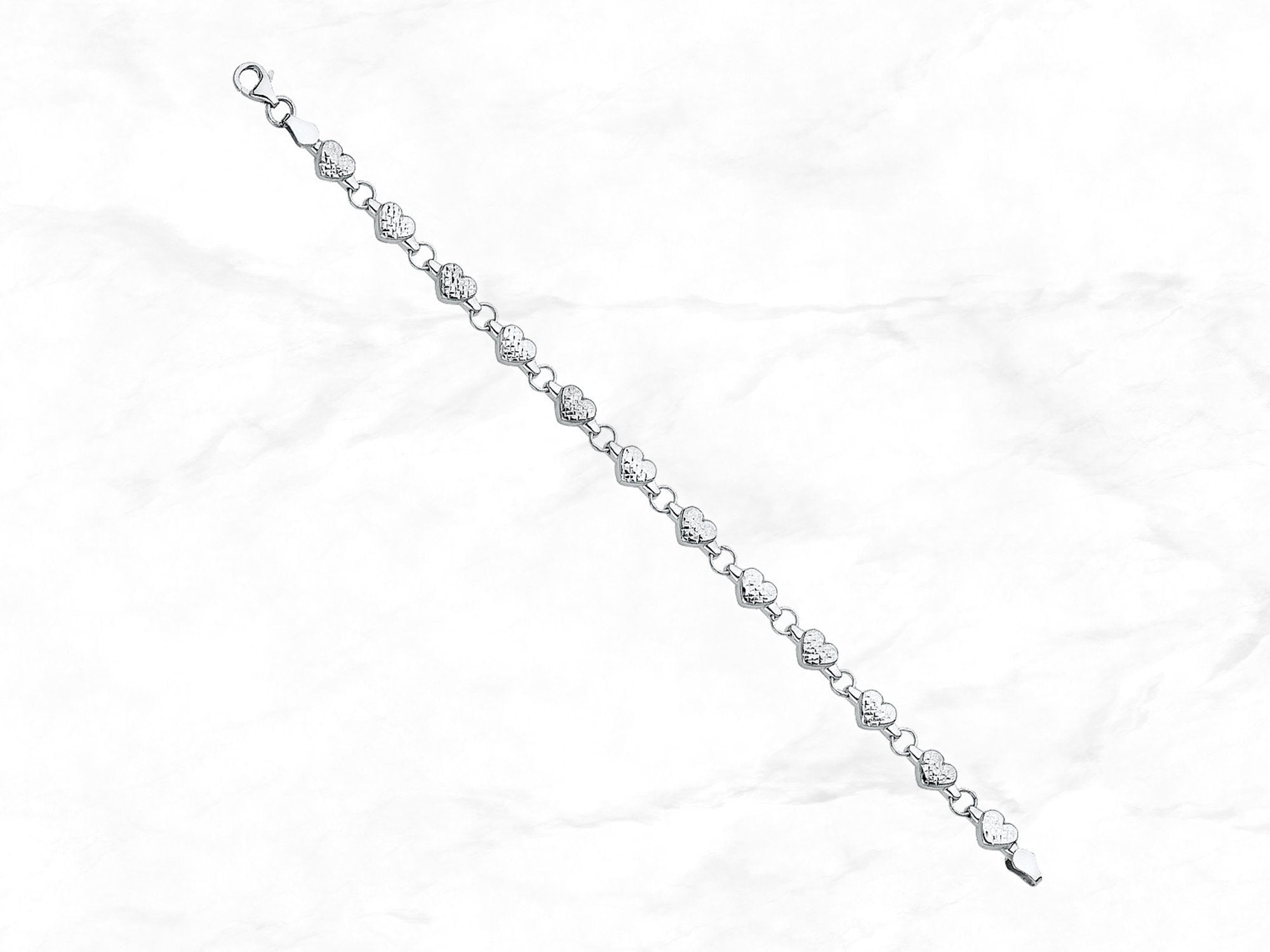 14K White Gold Diamond Cut Heart Bracelet • 7.5 Inches • Real 14K Gold Bracelet • White Gold Stampato Heart Bracelet •
