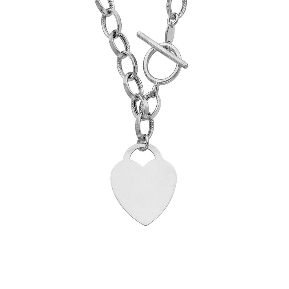 Engravable 14K White Gold Heart Charm Bracelet • Real Solid Gold Bracelet • Custom Personalized White Gold Heart Tag •