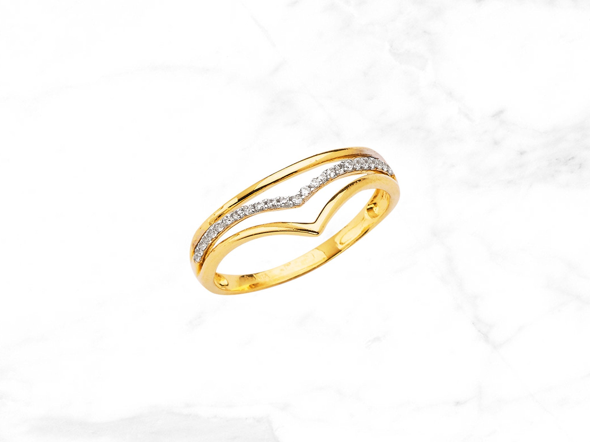 14K Gold 3-Line Chevron with Gems Ring • Real Yellow Gold Ring • Petite CZ Ring • Dainty Minimal Arrow Ring • V-Shape Ring