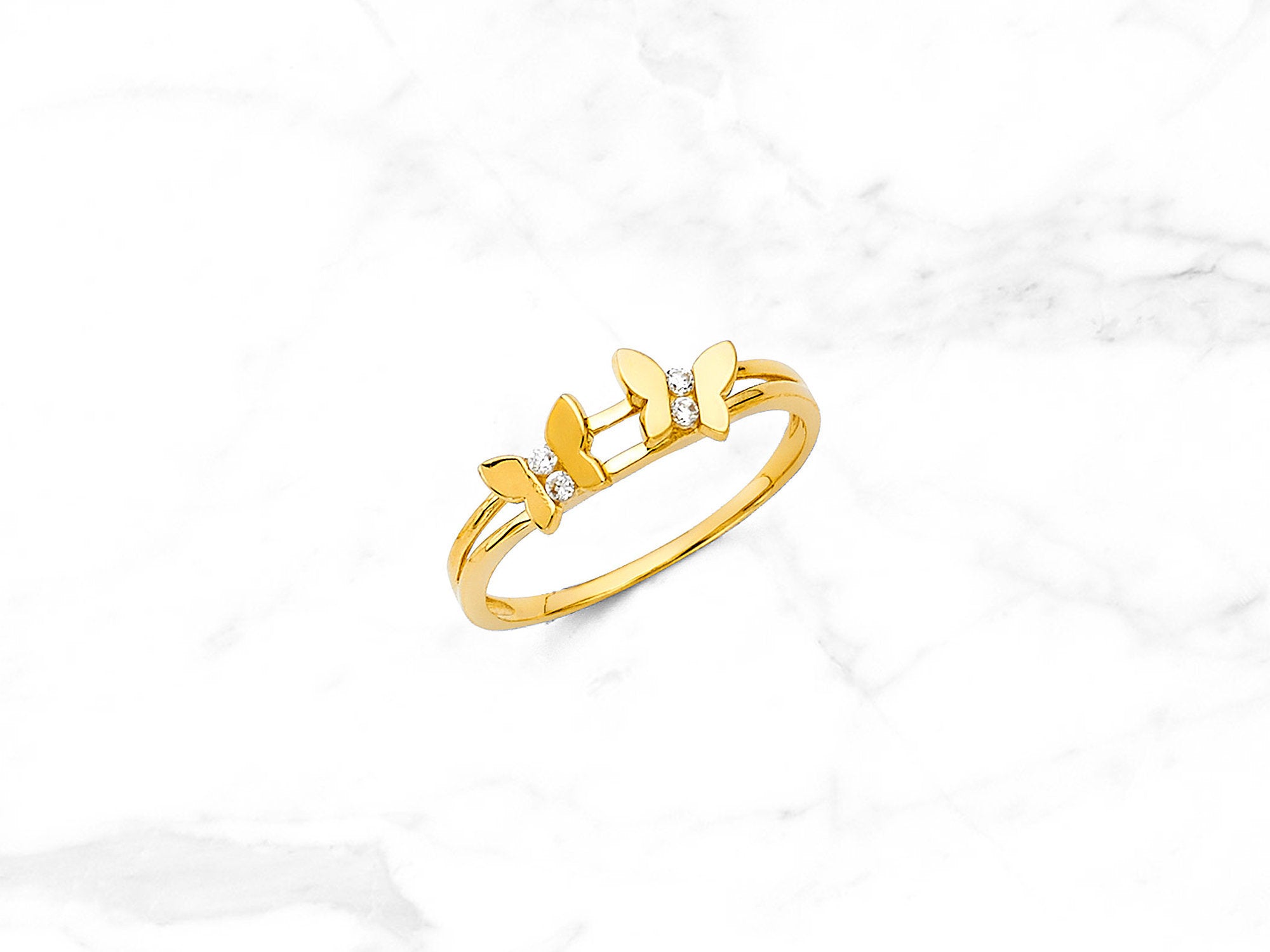 14K Gold 2-Line Butterfly Duo Ring • Real 14K Yellow Gold Butterfly Ring • CZ Ring • Dainty Double Butterfly Ring • Petite Butterfly Ring