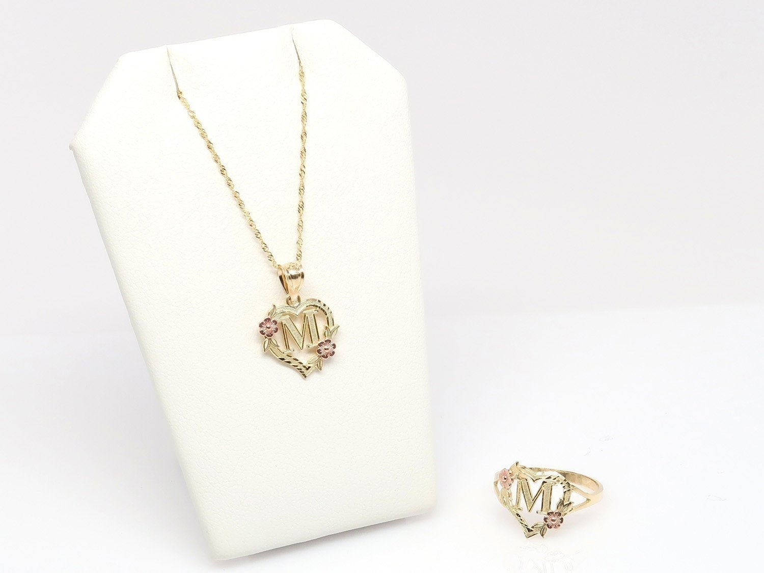 10K Flower Heart Initial Necklace and Ring Set